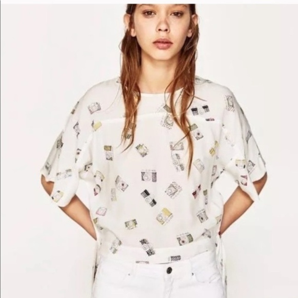 ZARA White Camera Blouse W/ Side Tie and wide neck
